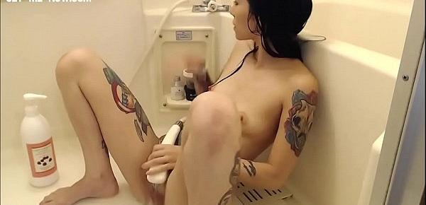  cute hot tattoo girl has orgasm in shower with water jet